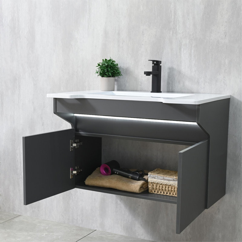 32'' Wall Mounted Single Bathroom Vanity with Solid Surface Top, Motion Sensor LED Light, Gray