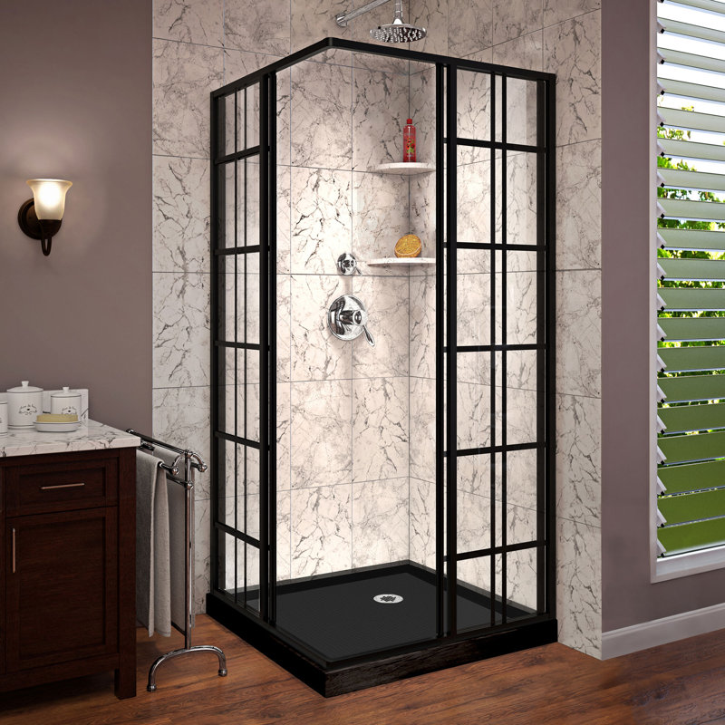 French Corner 42" Black Framed Sliding Shower Enclosure with Clear Glass