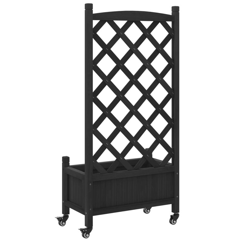 Black Solid Wood Fir Planter with Trellis and Wheels