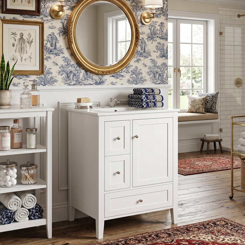 Meuble-lavabo moderne de 24 po avec comptoir en céramique, pieds en bois massif avec 3 tiroirs à fermeture en douceur et support de porte, bleu gris / blanc