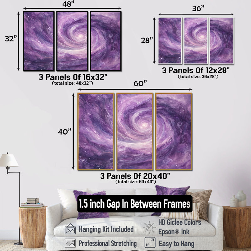 Mauve vortex de planètes dans l'espace - ensemble d'art mural espace, H 40 po x l 60 po, Reproduction avec cadre flottant