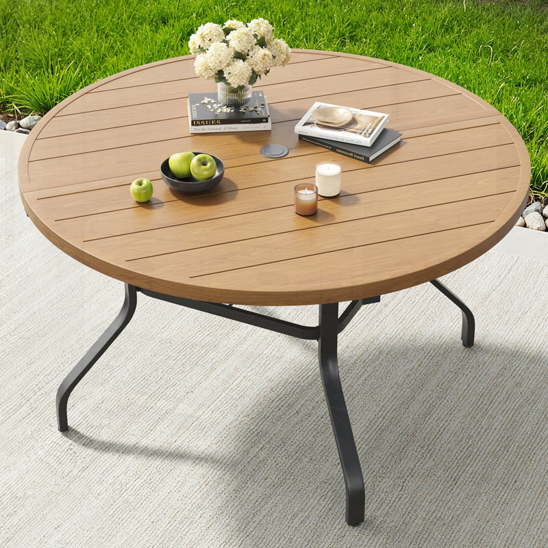 Table de salle à manger ronde pour l'extérieur avec grain de bois et trou pour parasol, parfaite pour les rassemblements dans la cour et la piscine