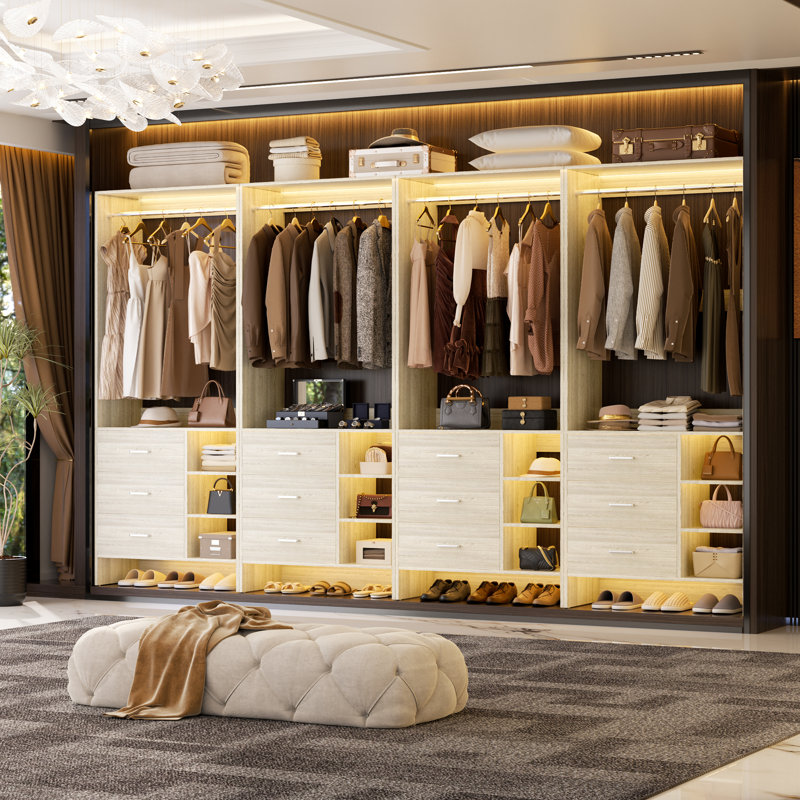 10ft Closet System with Wooden Drawers and Hanging Rods, Gray