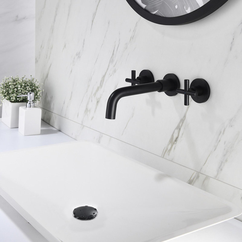 Wall Mounted Dual Handle Bathroom Sink Faucet with Pop-Up Drain (No Overflow)