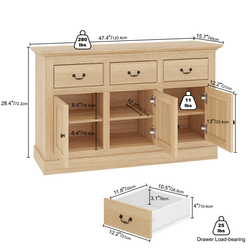 Ivison 47.4'' Wide Modern Sideboard Buffet with Adjustable Shelves, 3 Drawers