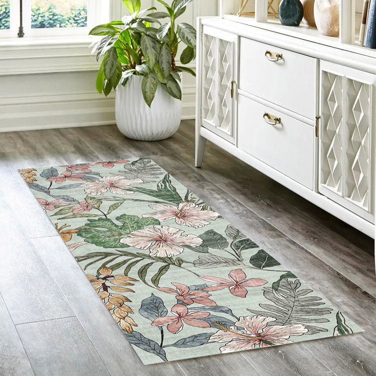 Rayna Thea Green Ivory Pink Orange Machine Washable Bold Floral Indoor Area Rug, Flat Pile & Slip-Resistant for Living Room & Bedroom