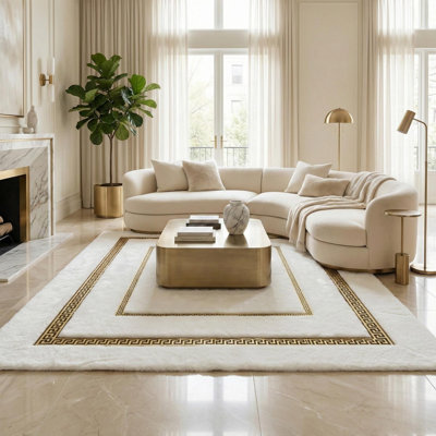 Tapis blanc et doré moelleux, tapis luxueux à bordure dorée, tapis en fausse fourrure moderne,