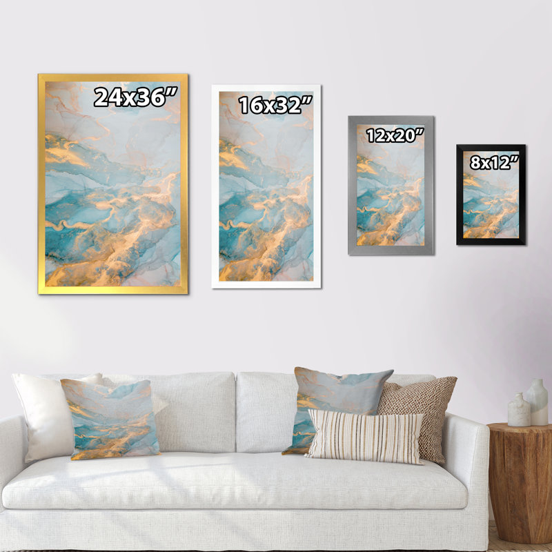 Turquoise luxueux et marbre doré II - peinture, H 20 po x l 12 po, Cadre photo blanc