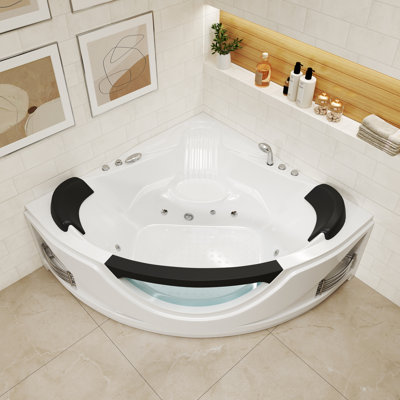 CASAINC 59" Corner Whirlpool Acrylic Bathtub for 2-Person, Soaking Tub Jetted Spa Tub with 6 Hydro Massage Jets & LED Lights,  Save Space Design