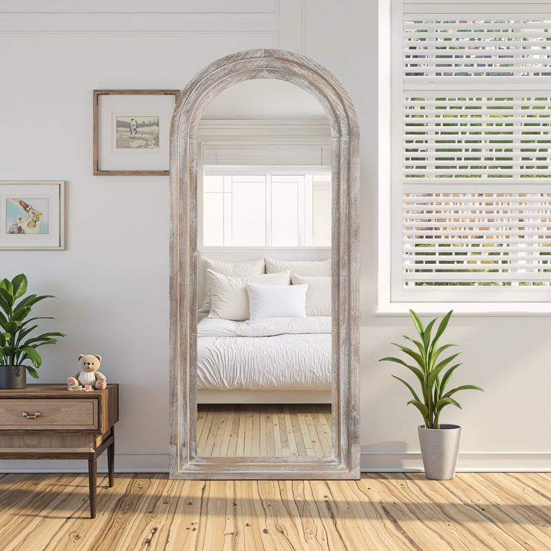 71"H Farmhouse Arch Solid Wood Wall Mirror Distressed Full Length Mirror Ornate Traditonal Leaning Mirror for Living Room Bedroom Entryway