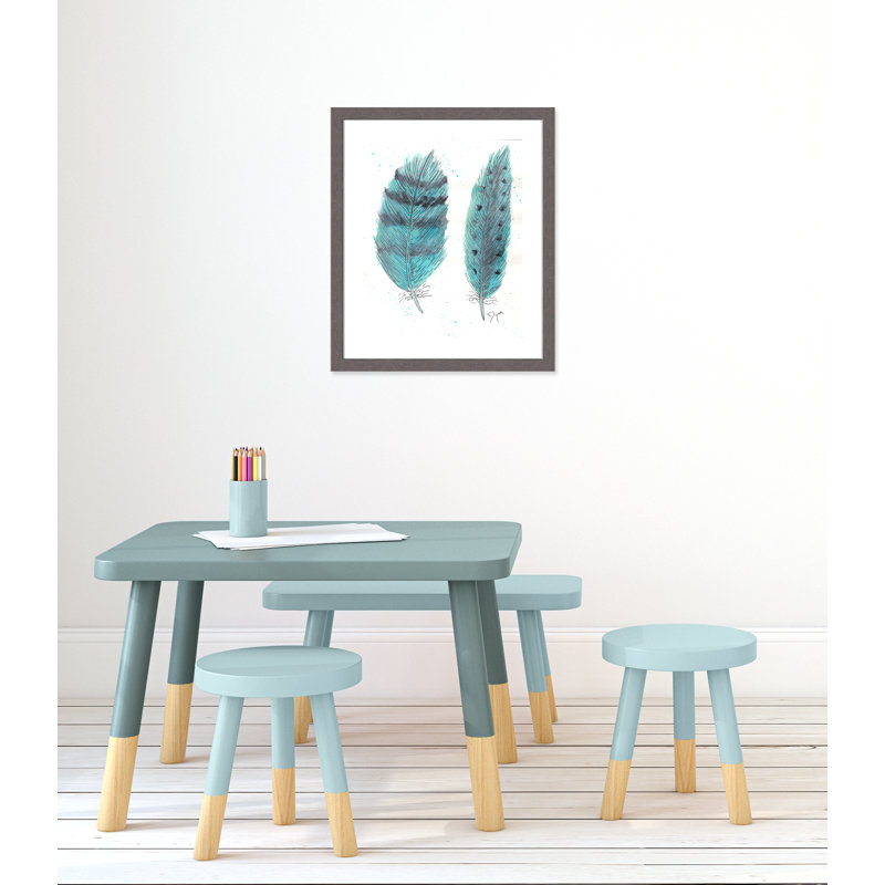 «Feathers in Turquoise II», art encadré, H 26,5 po x l 22,5 po x P 0,6 po, Encadrement fil du bois gris
