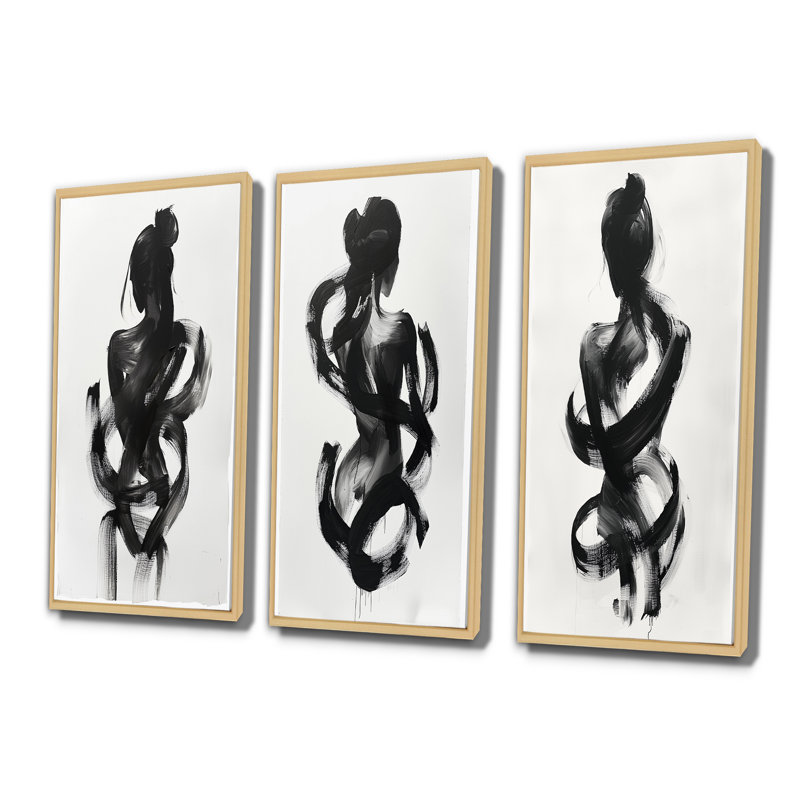 Silhouette de femme minimaliste I - Collection de 3 grands panneaux modernes sur toile, Crème, crème, H 32 po x l 48 po
