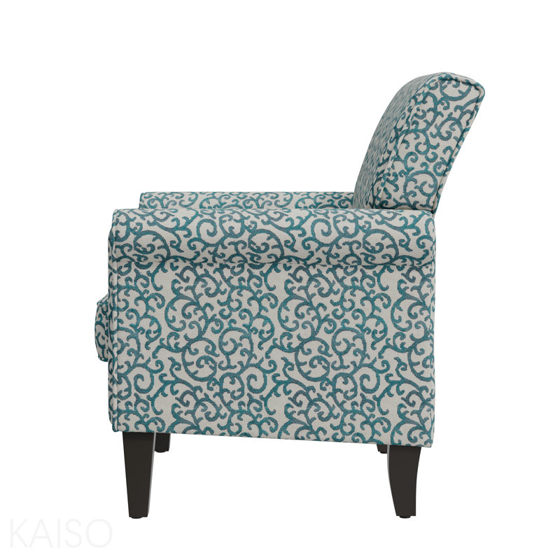 Chaise d'appoint à motif de vigne bouclée bleue avec pieds en bois massif brun foncé, Cream, Brown
