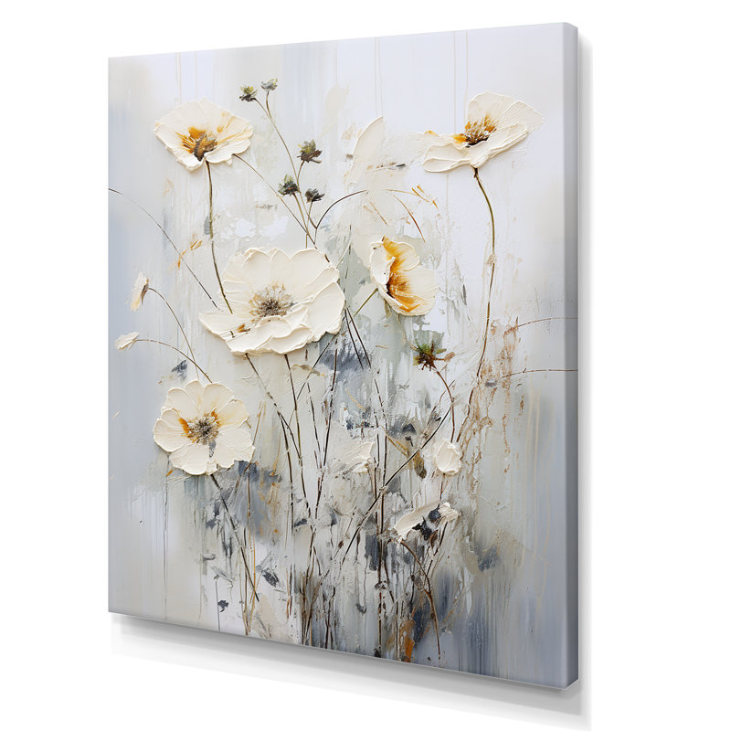 Motif floral blanc sur fond blanc, H 32 po x l 16 po x P 1 po, Toile tendue