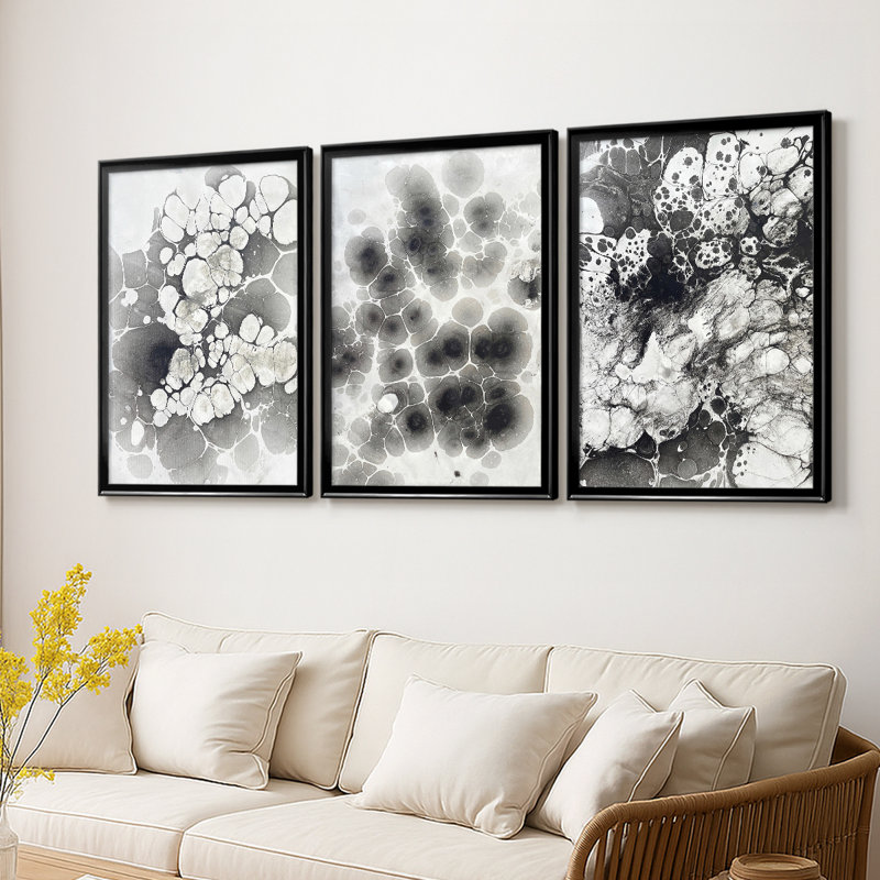 Marble VII - Toile tendue avec châssis sur mesure - 3 pièces, H 39 po x l 81 po, Noir