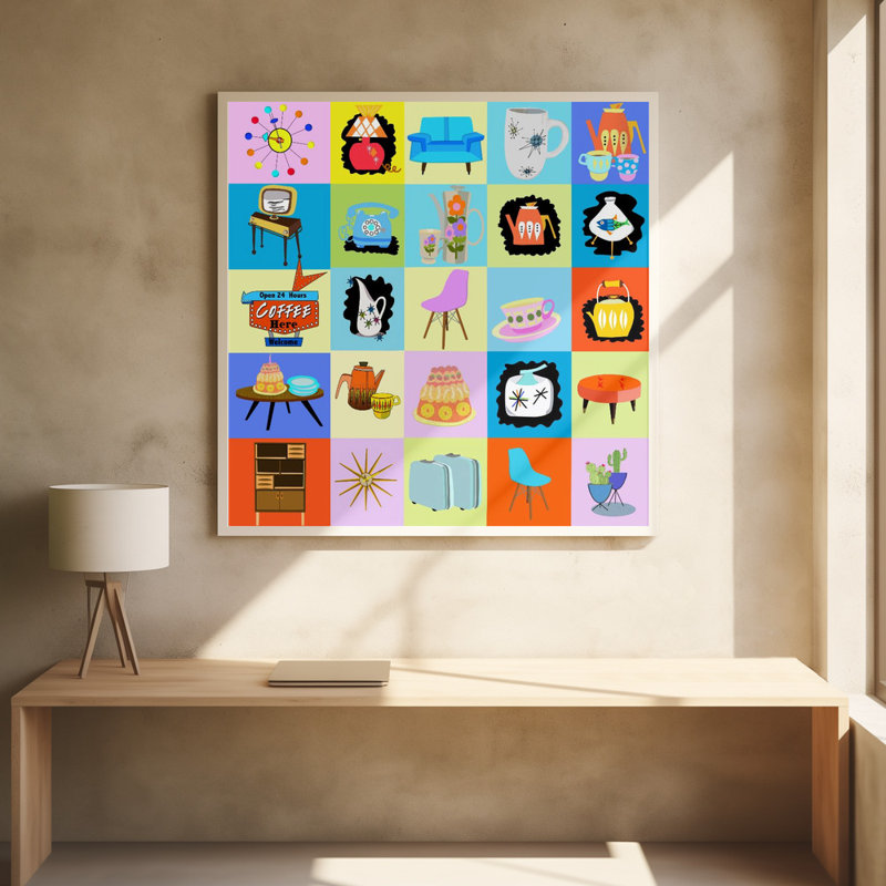 "Mid century pop", art mural texturé encadré, Blanc, H 20 po x l 20 po