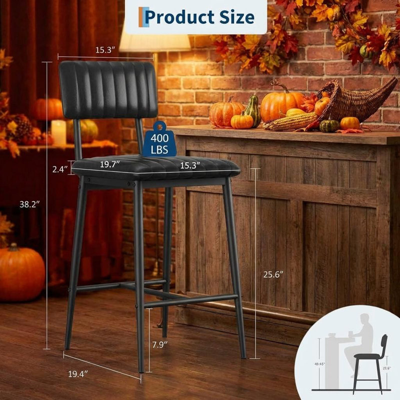 Counter Stool with Metal Frame, Black Seat/Black Frame