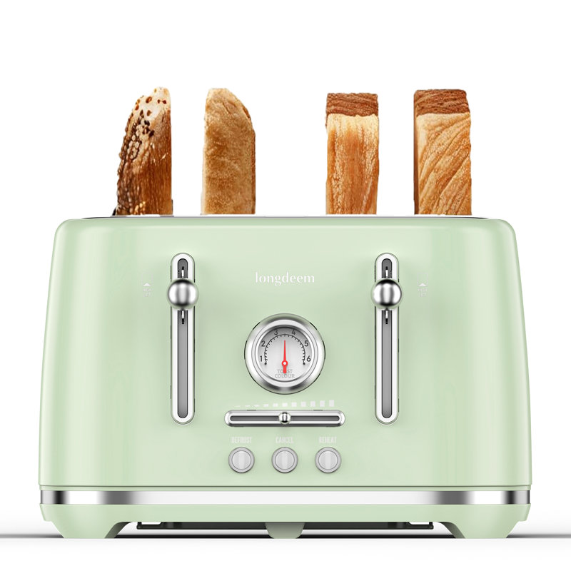 Longdeem 4-Slice Toaster, 1500W, Wide Slots, Stainless Steel, 6 Settings, Green