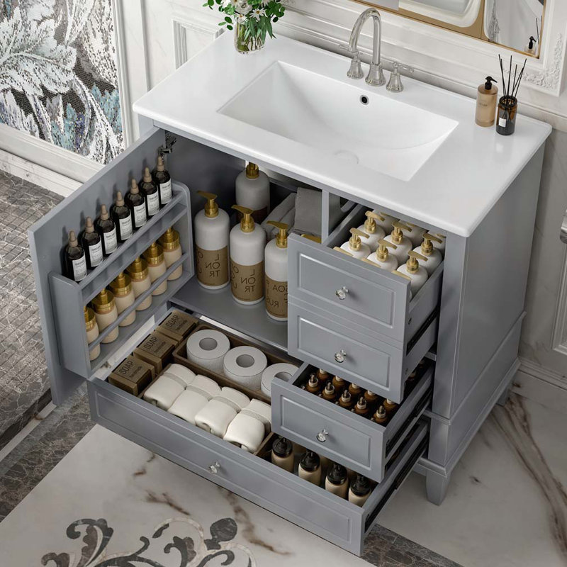 Meuble-lavabo 36 po avec lavabo en céramique, Gris/argent