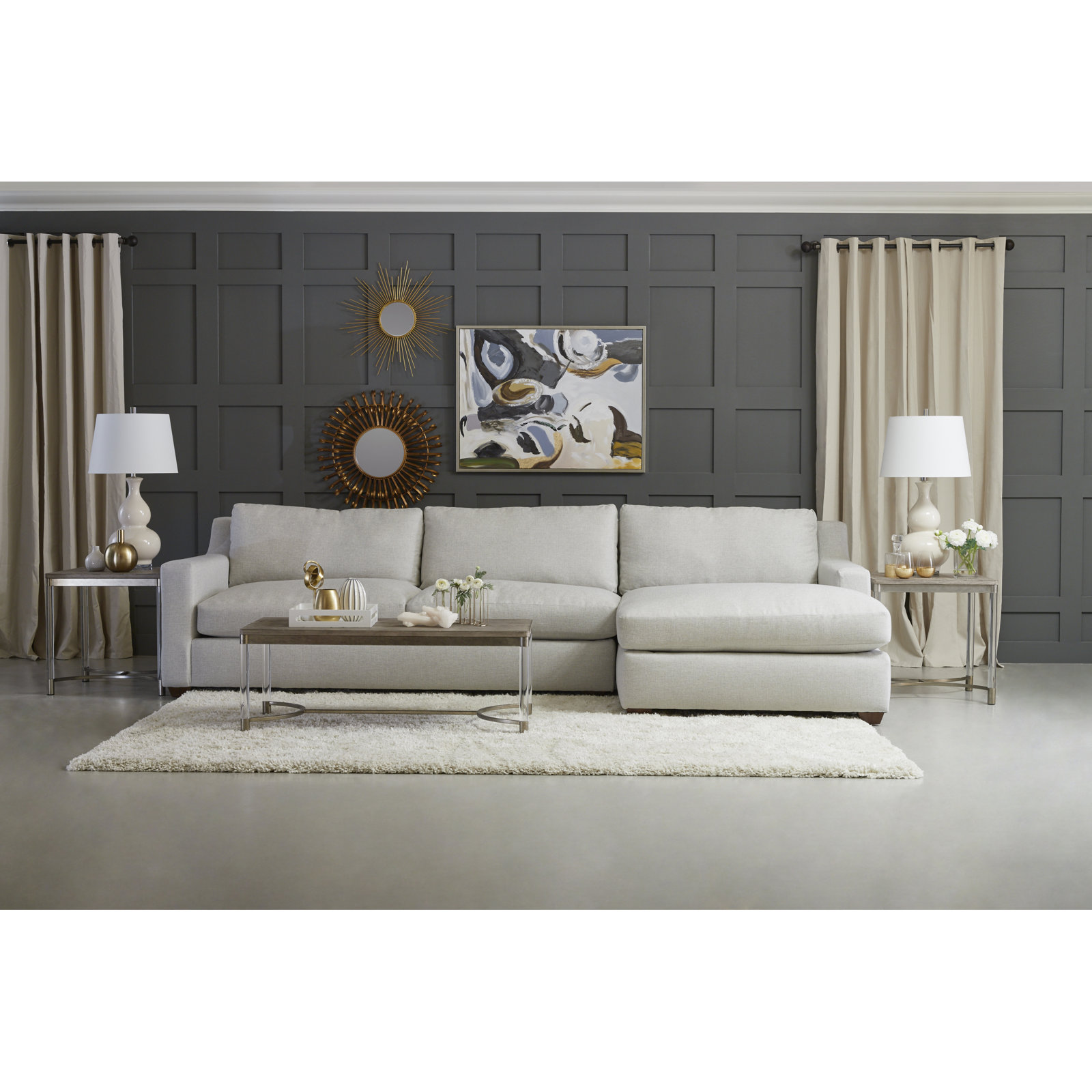 Rhodes Chaise Sectional, Right Hand Facing, Drusky Ivory Sustain® Basketweave