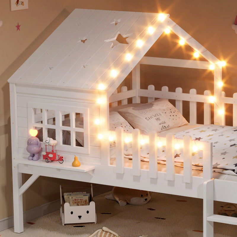 Lit mezzanine en bois massif avec lumières DEL, glissade et étoile en forme de lune, Lit double, Blanc