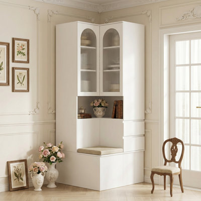 78.7"H Corner Entryway Cabinet With Drawers, Open Shelf & Cushioned Seat