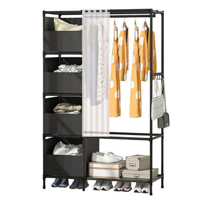 Armoire portative robuste, garde-robe autoportante semi-ouverte avec 4 tiroirs de rangement et rideau, noir