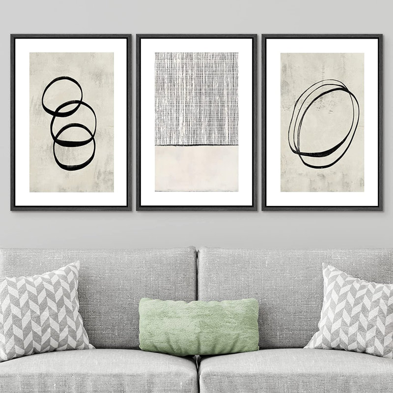 " Neutral Geometric Ring Grid Landscape Abstract Wall Art " 3 - Pieces, 36" H x 72" W, Black