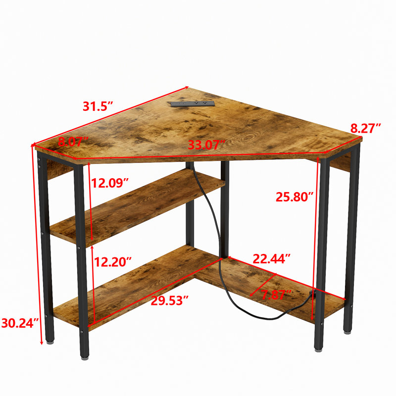 Bureau en coin Hatal avec prises et ports USB, table de coin triangulaire à 90 degrés avec tablettes de rangement