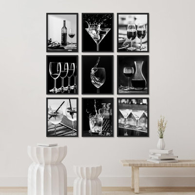 «Black White Wine Martini Cocktail Food Drinks», photographie d'art moderne encadrée sur papier, 9 pièces