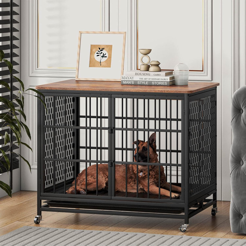 Cage pour chien 42 po avec 3 portes et 4 roues, style rustique