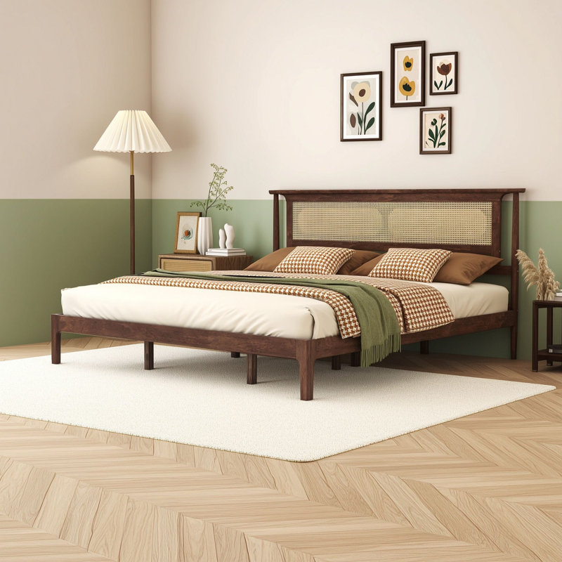 Cadre de lit plateforme en bois avec tête de lit et pieds centraux en rotin, King, Noyer