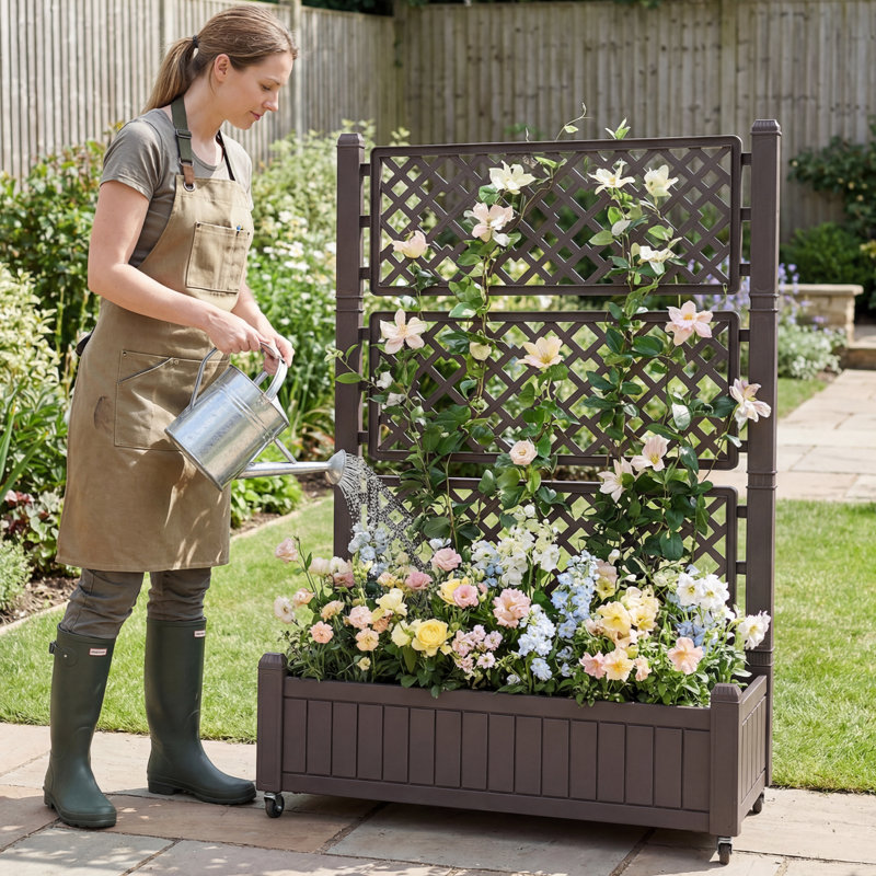 Raised Garden Bed With Lattice Trellis Mobile Planter Boxes With Drainage Plug & Gauge