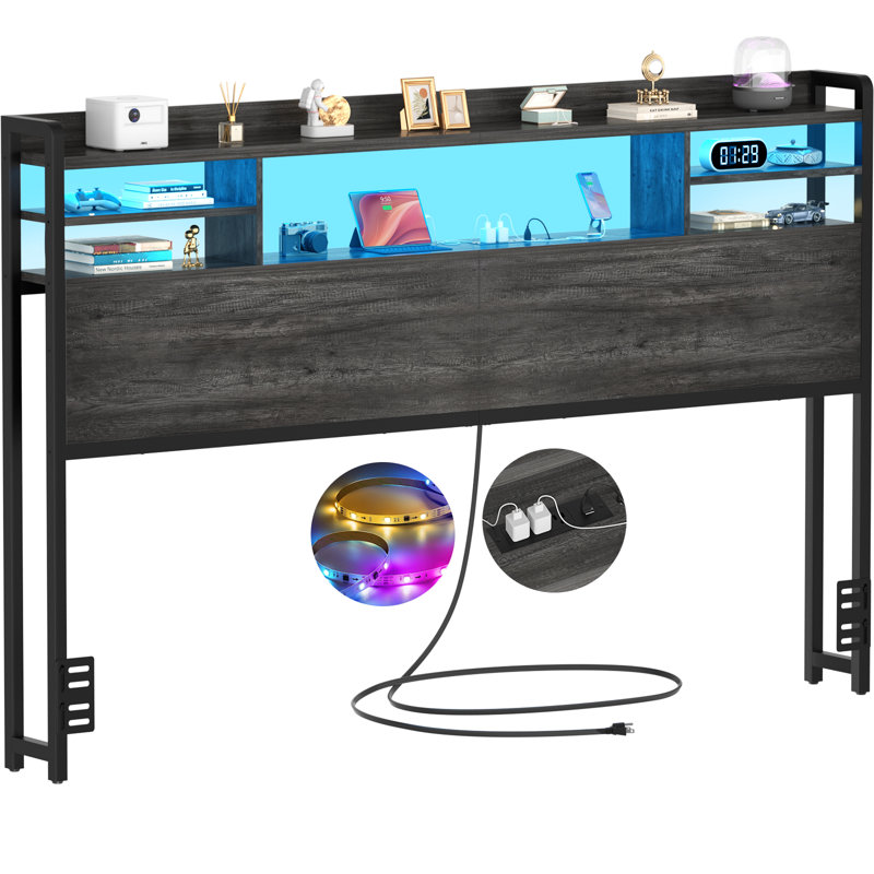 Tête de rangement avec lumières DEL, tête de lit bibliothèque avec station de charge, Gris, Grand