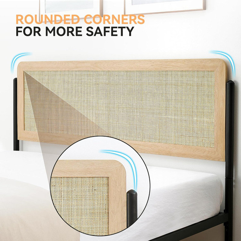 Bed Frame Full Size, Modern Platform Bed Frame With Rattan Headboard Metal Slat Support Bed Frame With Storage-Oak Full