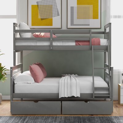 Twin Over Full Bunk Bed With Ladder, Two Storage Drawers, Safety Guardrail, White -  Harriet Bee, F0D9B5A0734B48BDAE039DD86192F3A5