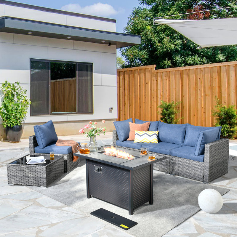 Aliva Wicker 4 - Person Patio Conversation Set with Cushions, Light Blue