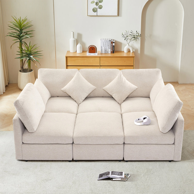Virelle 6 - Piece Upholstered Sectional Sofa Bed, Beige Chenille