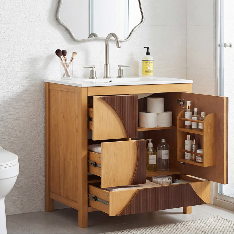 Évier 30 pouces Mid-Century - Armoire autoportante artistique en bois avec 3 tiroirs et porte à fermeture en douceur