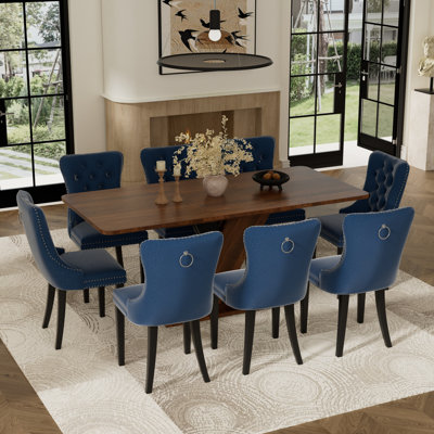 9 Pieces Modern Farmhouse Rectangle Dining Set with Mid-century High-end Tufted Dining Chair Set for 8
