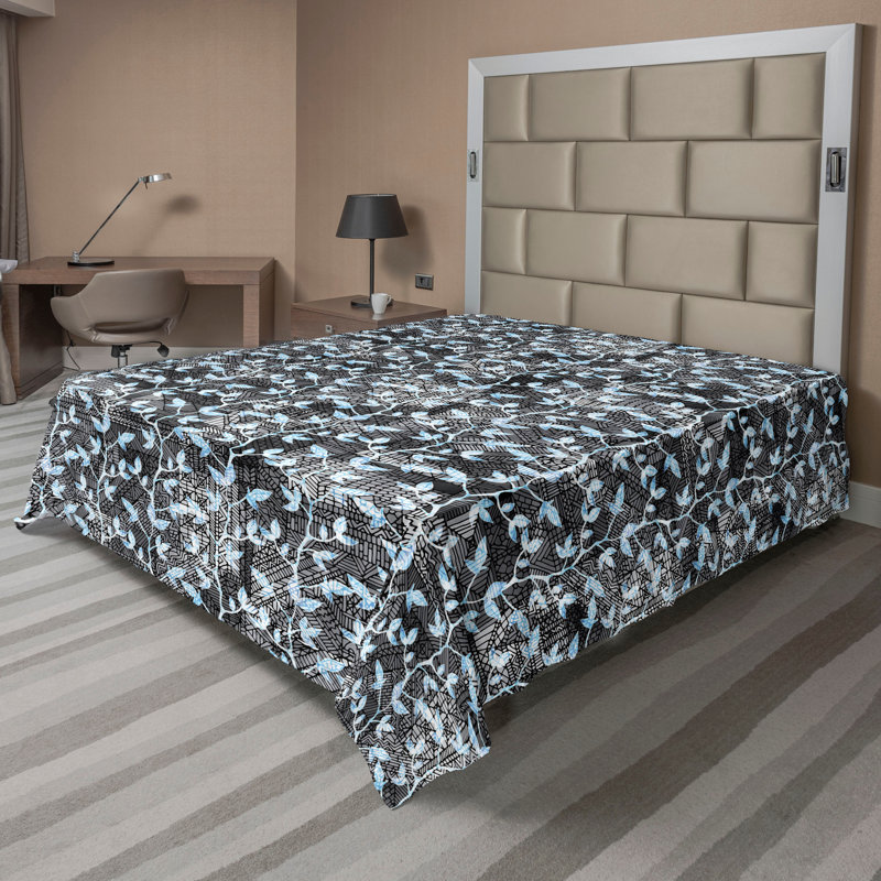 Drap plat Ambesonne, Azure Blue Dimgray Floral, Drap plat pour très grand lit californien
