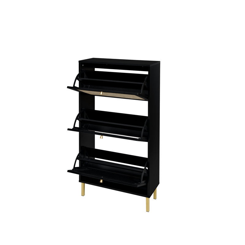 3 Door Shoe Storage Unit, Freestanding Modern For Entryway, 44Lb Load, Natural & Spandex, -Proof, Delicate Finish, Gold Handle, Double Shelf, Metal Base With Slip Pads, Black, Particle Board, Simple