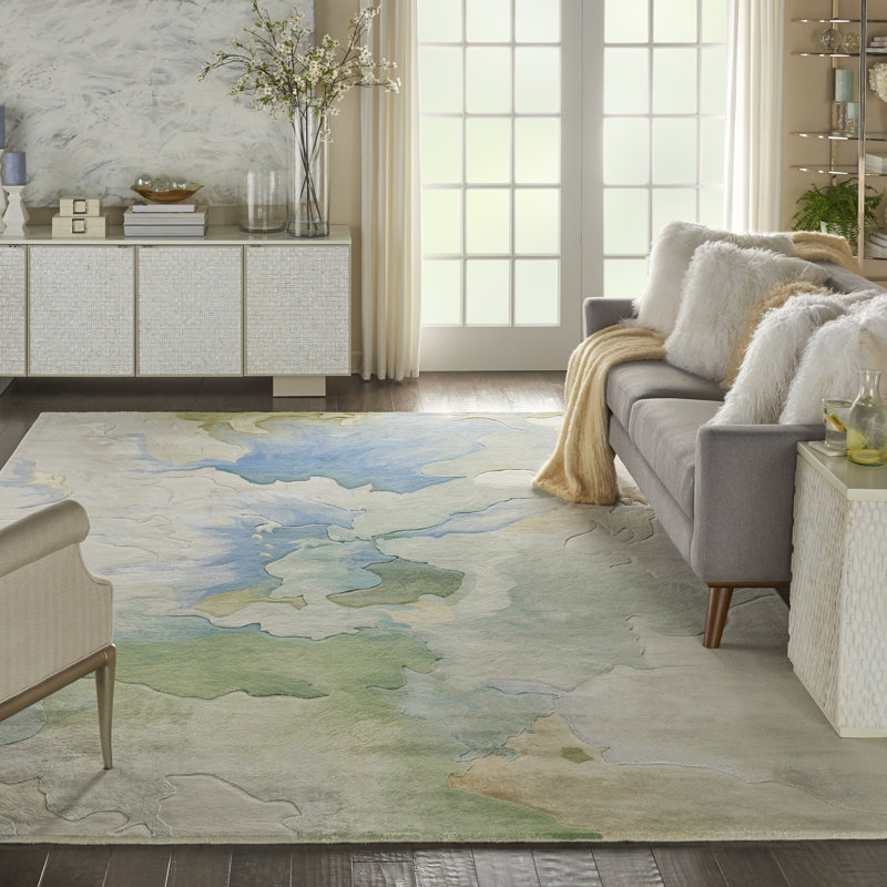 Tapis vert moderne fait à la main Versailles, Rectangle 8 pi 6 po x 11 pi 6 po