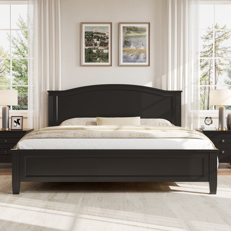 Grand lit plateforme avec tête de lit, pieds de support en lattes de bois, lit plateforme noir robuste, Noir, Grand lit