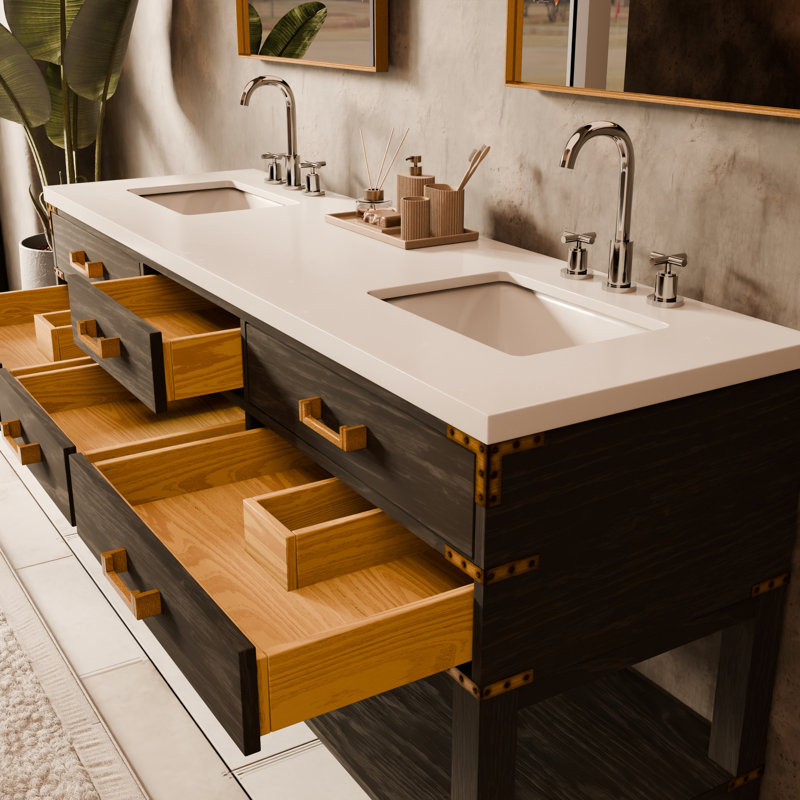 Meuble-lavabo double en chêne noir 72 po X P 22 po D, avec plateau en marbre de Carrare, Marbre de Carrare