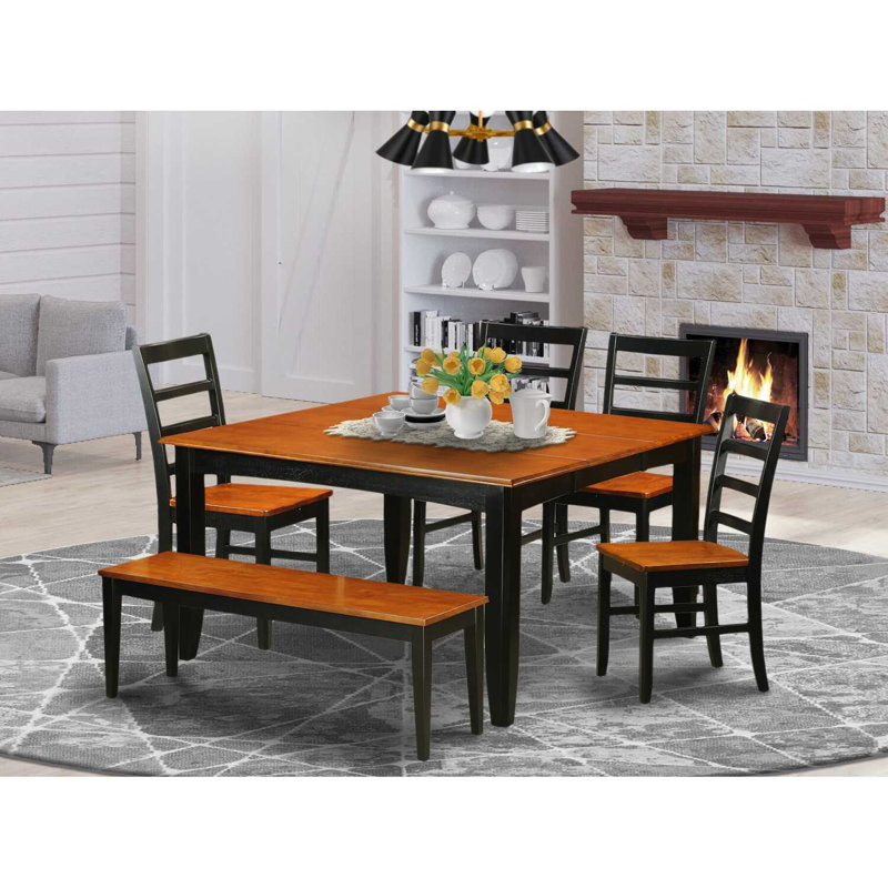 Ensemble de table de salle à manger 6 pièces moderne comprenant une table carrée en bois avec feuille papillon et 4 chaises de salle à manger avec banc, noir