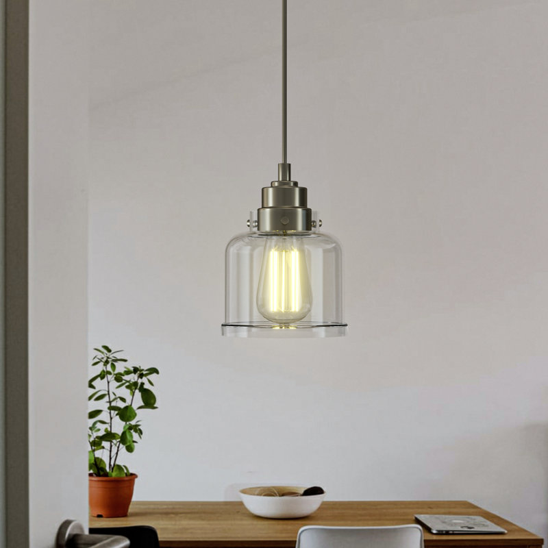 Luminaire suspendu 1 lumière moderne à intensité variable avec abat-jour en verre transparent Juliann, Nickel brossé