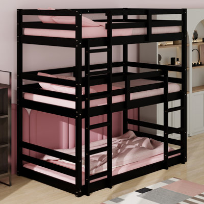 Bunk Bed With Two Built-In Ladders, Guardrails And Detachable Triple Design