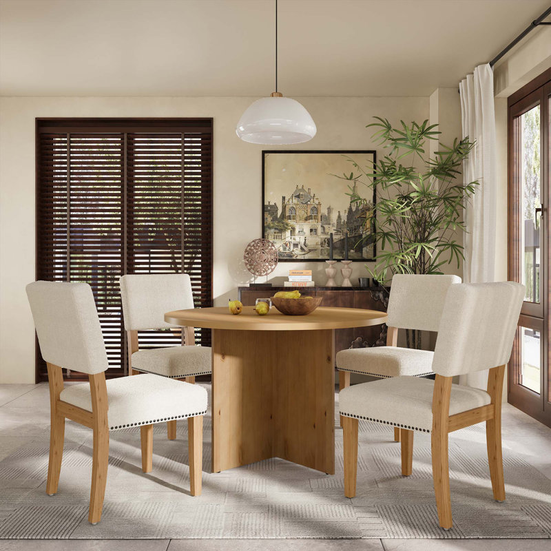 5-Piece Round Dining Table Set Pedestal Kitchen Table Set, Natural