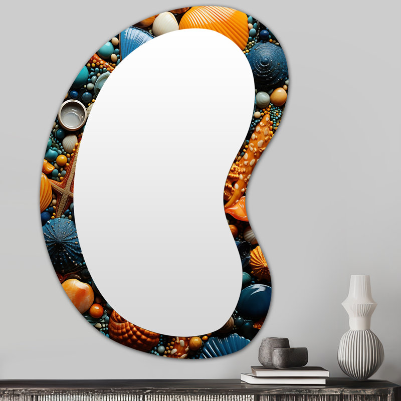 Filzer Yellow and blue Seashell Symphony II - Coastal Tropical Irregular Shape Unique Wall Mirror, Yellow Asymmetrical Mirror, Printed Metal Art
